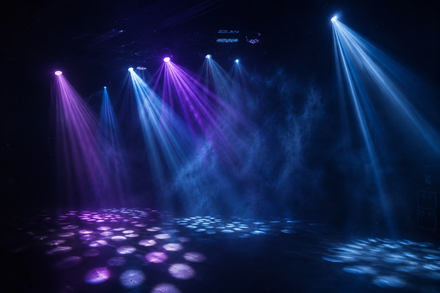 Event lighting fixtures suspended above a venue