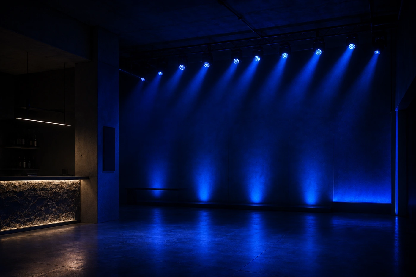 Colorful event lighting across a venue