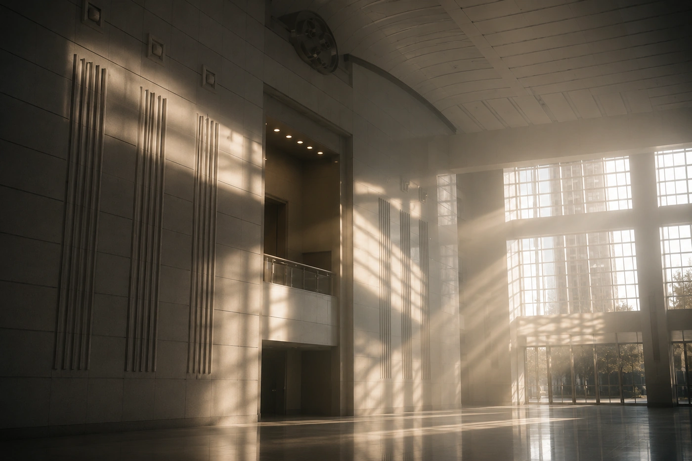 Modern architectural lobby with high ceilings and daylight