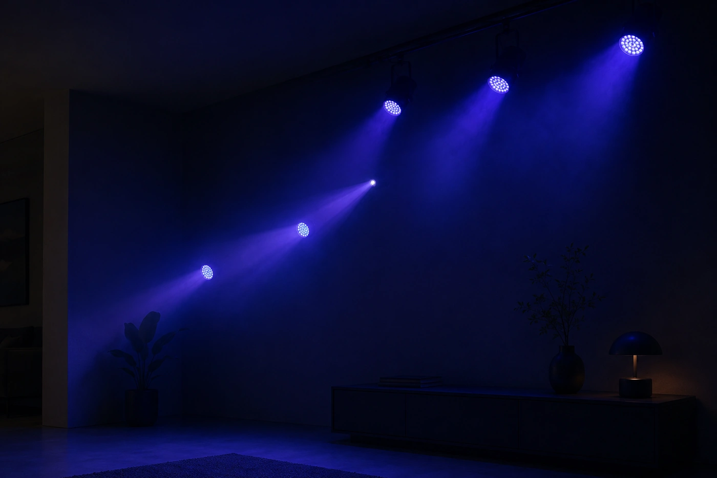 Blue beams crossing a dark stage