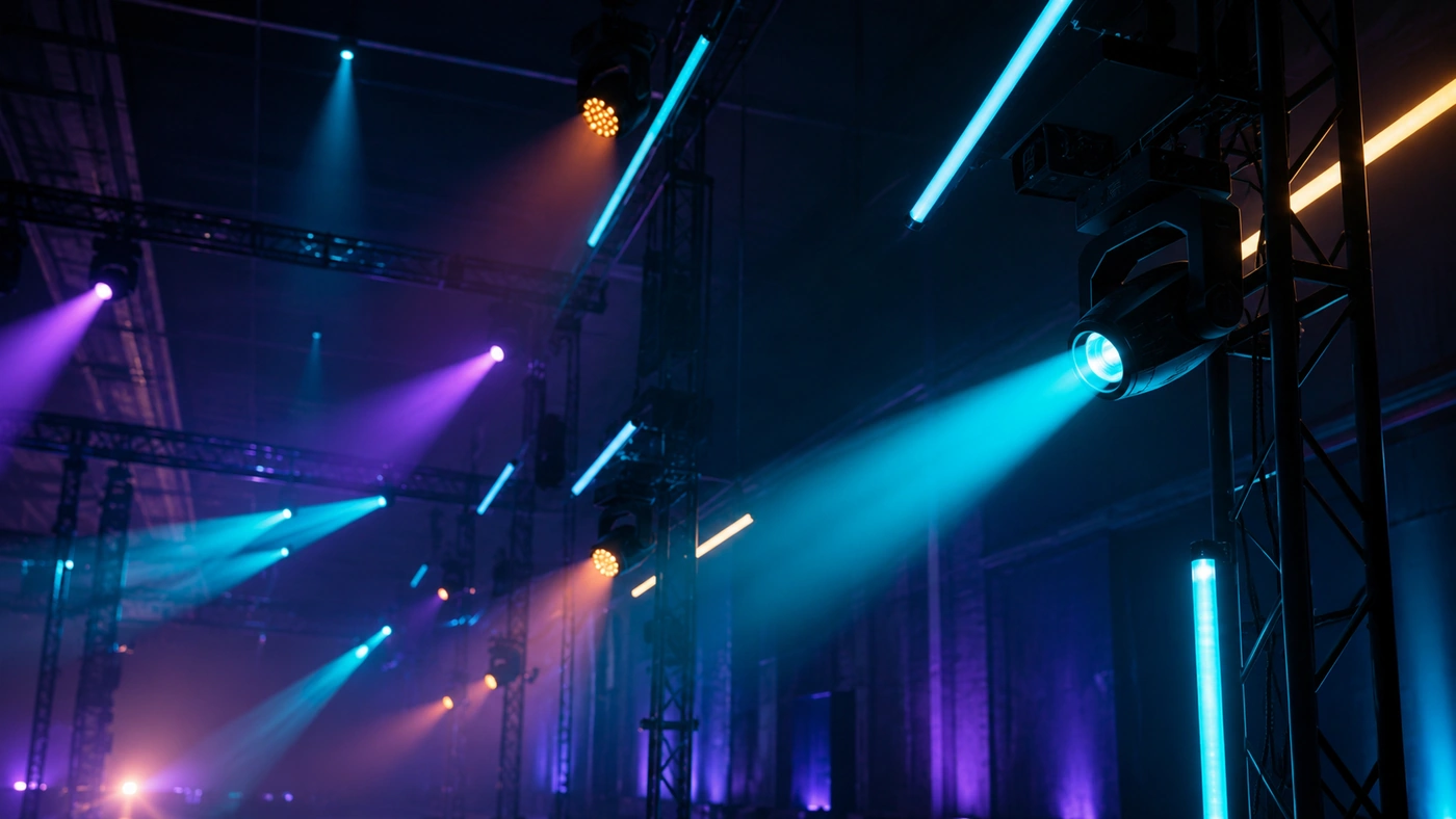 Stage lighting rig with cyan and warm accent lights