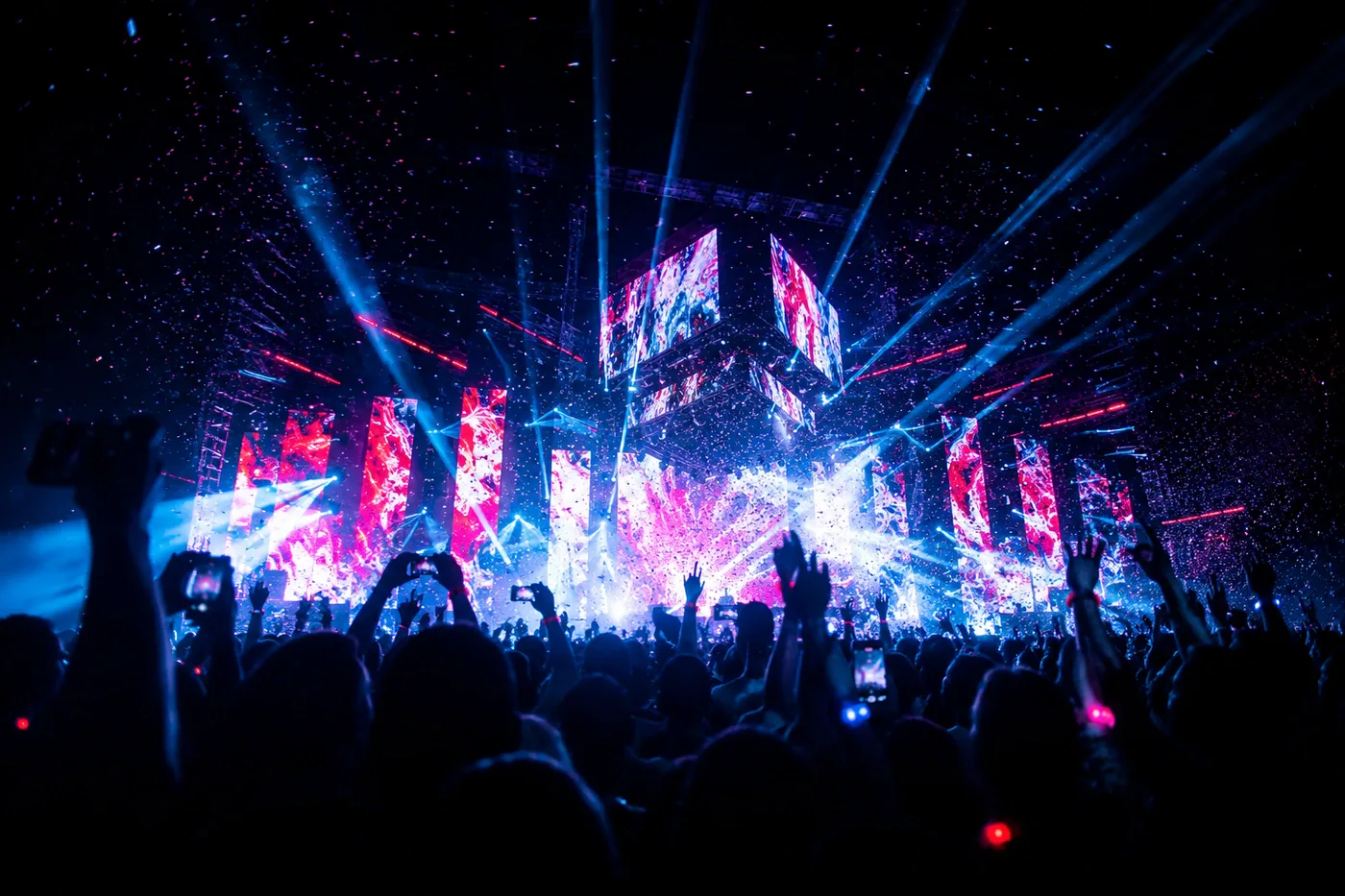 Outdoor concert illuminated with purple lighting